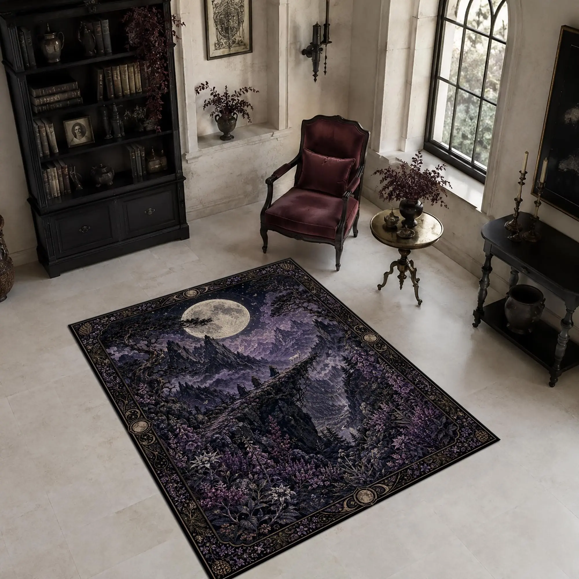 Gothic Moonlit Forest Area Rug - Purple Celestial Witchy Landscape Rug for Living Room Dark Nature Fantasy Home Decor