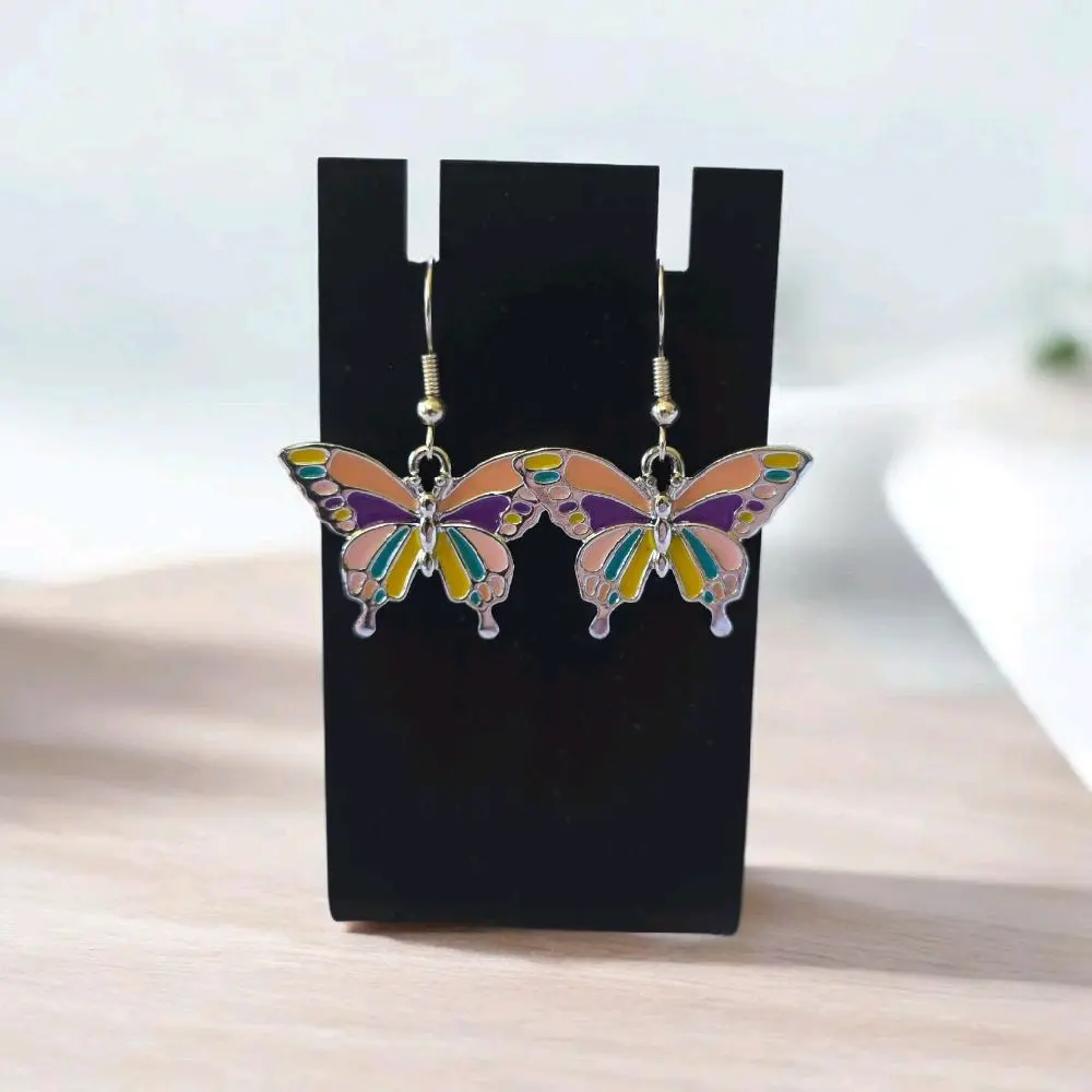 Colorful Butterfly Earrings - Hook Earrings with Stainless Steel Ear Wire, Enameled Charms