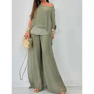 Fashion sequined women's top wide leg pants set casual sleeve set bat sleeve sequined top wide leg pants set women's women's clothing