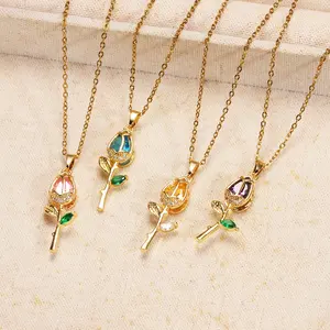 Dainty CZ Tulip Flower Pendant Necklace with Crystal Leaf Charms Adjustable Elegant Choker Jewelry Gift for Women