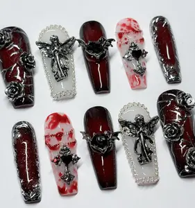 Gothic Vampire Nails – Deep Blood Red & Black Design with 3D Roses, Crosses, Chains, Angels & Bat Accents for a Dark Halloween Aesthetic