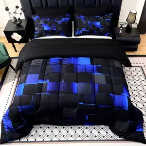 3-piece set of neon geometric checkered bedding (including 1 quilt +2 pillowcases, no pillow core), abstract three-dimensional checkered quilt checkered bedding, soft black navy blue quilt - game room decoration, super fiber bed sheet without bed cover