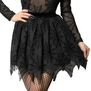 Kreepsville 666 Spiderweb Mesh Tutu Skirt - Black Flock Spiderwebs on Fluttering Mesh with Velvet Elastic Waistband for Gothic Fairy Witchy Fits
