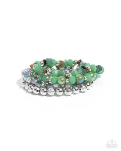 Supervisory Stack - Green Iridescent Brown Silver Bead Stretchy Bracelet Stack - Paparazzi