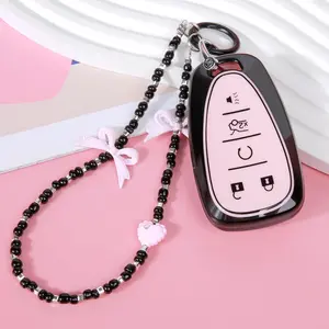 Chevy Key Fob Cover 4/5 Buttons TPU Shell Black&Pink Compatible with Equinox Malibu Camaro Traverse Blazer Cruze LT Trailblazer Smart Key Wristlet Keychain for Women