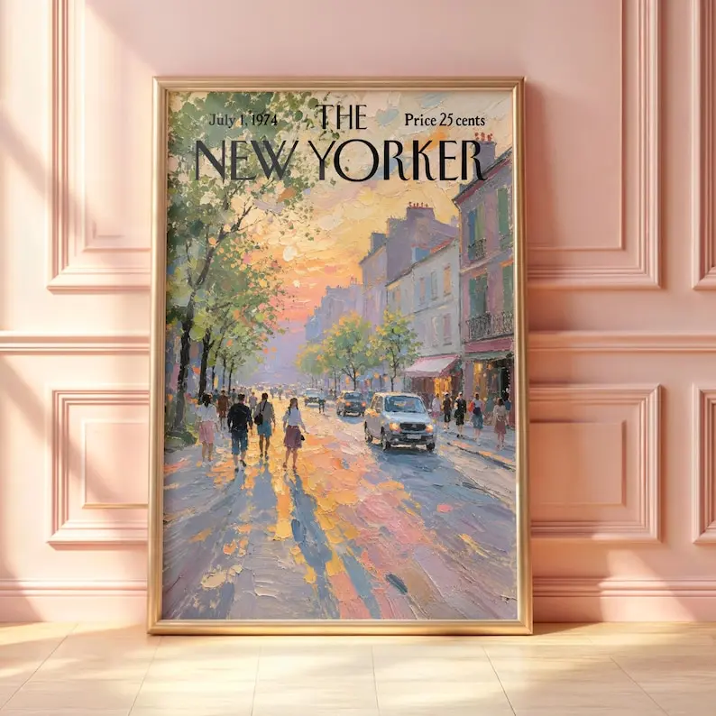 Vintage New Yorker Poster, Retro Paris Street Sunset Print, Romantic European City Wall Art, Mid-Century Magazine Cover
