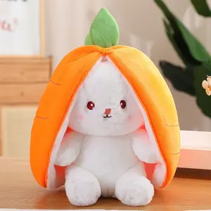 Cute Transforming Rabbit Plush Toy, Bunny Pillow with Carrot and Strawberry, Soft Stuffed Animal Doll, Perfect Christmas Gift