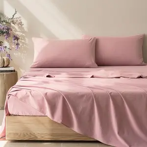 Sheet Set Queen Size 4pcs Cotton Caramel Easy-Fit 16 Inch Deep 100% Washed Cotton Soft Breathable (1 Fitted Sheet, 1 Flat Sheet, 2 Pillowcases)