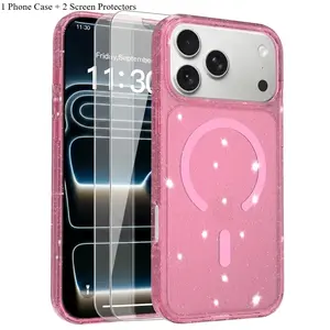 3PCS (1 Phone Case + 2 Tempered Glass Screen Protectors) Luxury Clear Glitter Magnetic Phone Case For iPhone 17 Pro Max 16 Plus 15 14 13 For Magnetic Shockproof Slim Anti Yellow Cover