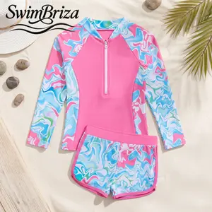 Briza｜Girls Long Sleeve Tankini Swim Shirt Set Pink Blue Swirl Print 2 Piece Bathing Suit Rash Guard Swimwear with Shorts for Pool Beach Summer Vacation, Girls Swimwear, Kids Bathing Suit, Tankini Swimsuit Set, Two Piece Bathing Suit