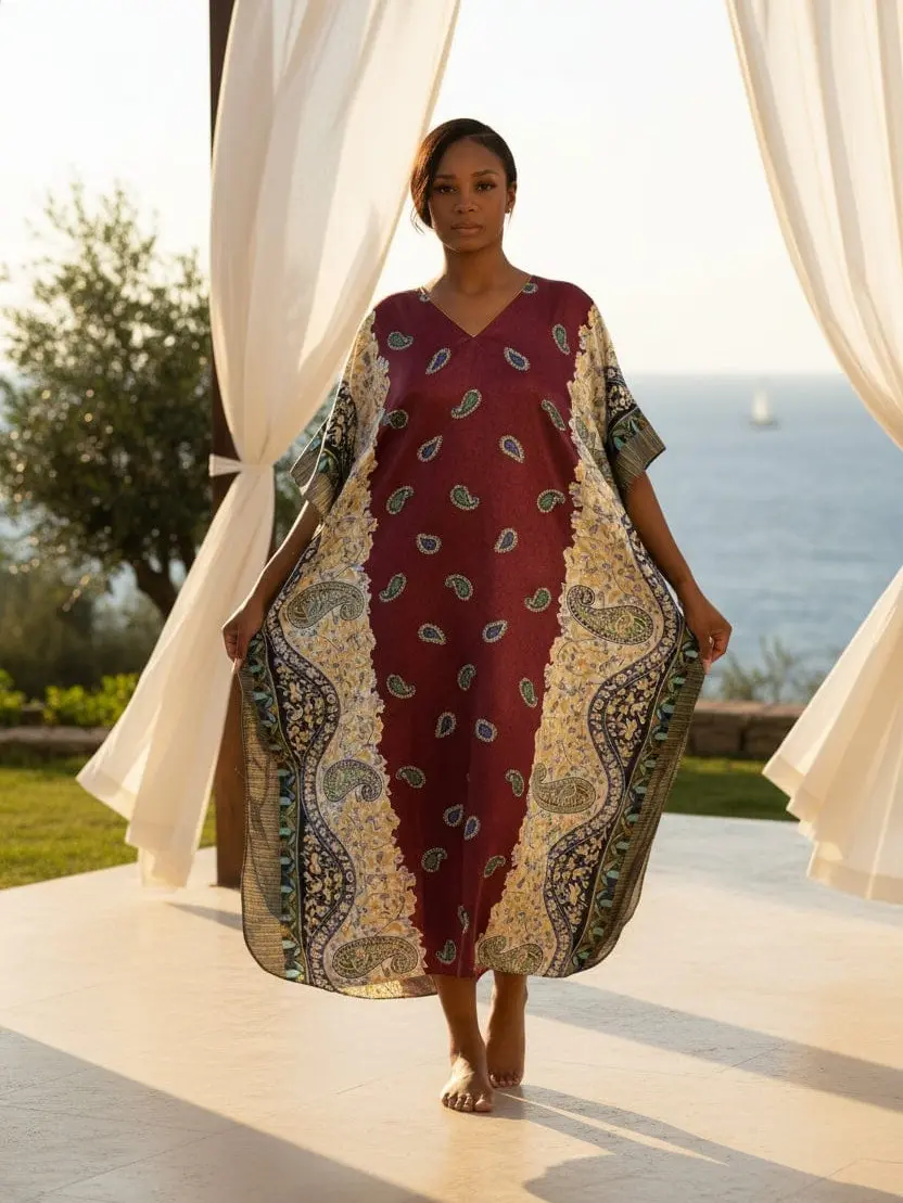 up2date Women's Golden Satin Caftan Dress - Burgundy Paisley Print, Polyester-Satin Fabric, Long Sleeves, Straight Shoulder, Piping, 1-Size Muumuu Lounger, All Seasons, Galaxy Stardust Accent, Daily/Casual Wear, Style Caf-04C2, Lightweight, Original Tags
