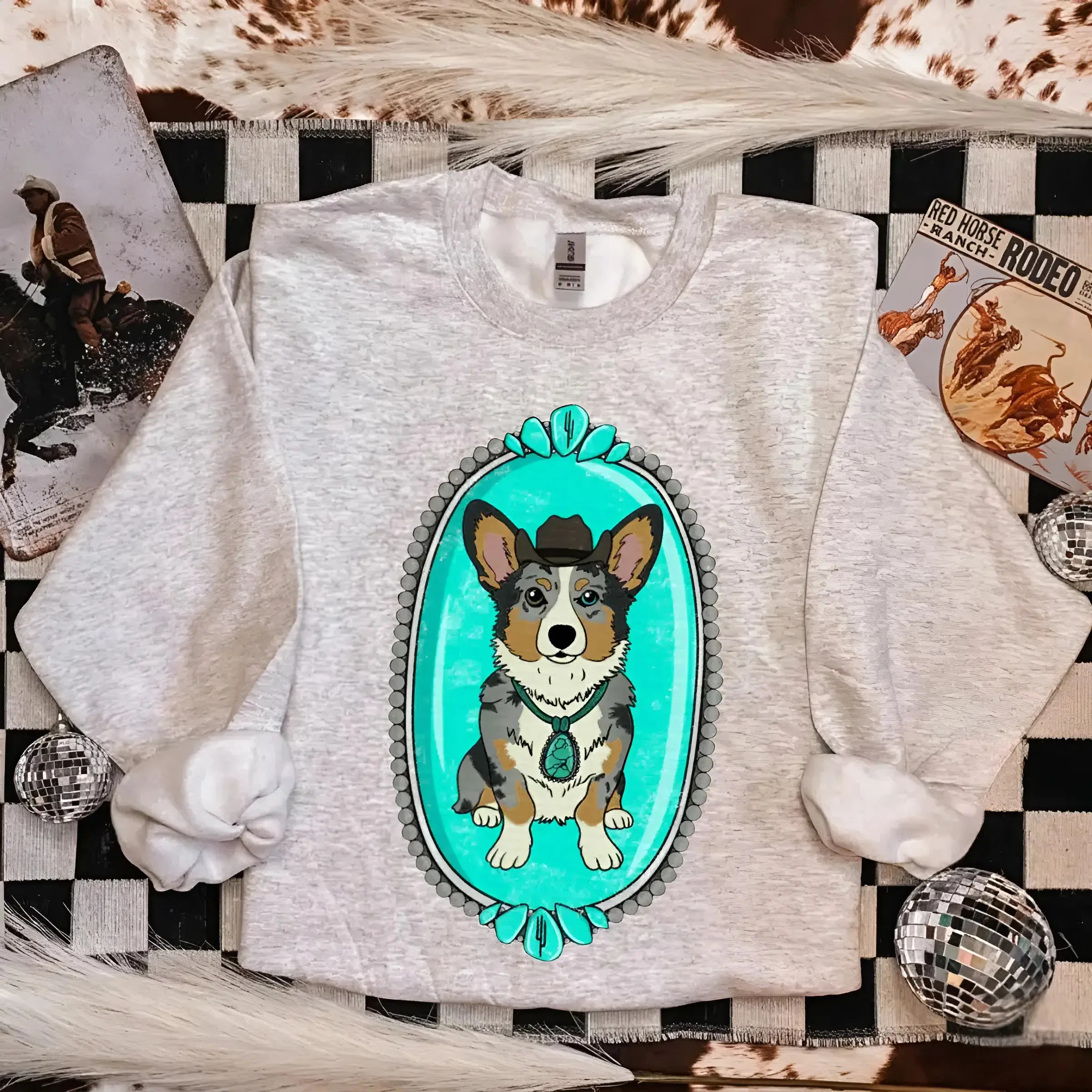 Merle Cowboy Corgi Turquoise Stone Sweatshirt, Women shirt, Cowgirl outfit, Western Clothing, country girl stuff, punchy western wear, country shirts women, Vintage Graphic tee, vacation outfit, summer outfit, rodeo outfits