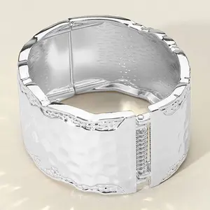 Hammered Metal Wide Hinged Bangle Bracelet: Rhodium