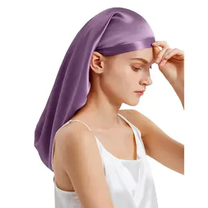 Silk Bonnet Mulberry 19 Momme Silk Sleep Cap Long for Curly Hair Night Cap for Sleeping, Silk Hair Wrap for Women Lavender