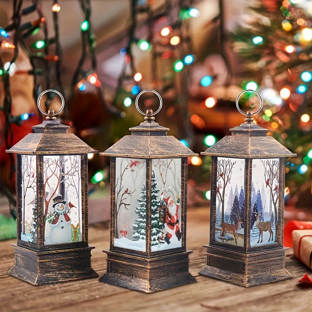 3PCS Christmas Mini LED Candle Lanterns – Hanging Holiday Decor with Santa, Snowman & Reindeer – Indoor Outdoor Christmas Tree Decorations (Battery No