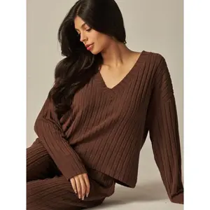 2-Piece Ribbed Knit V-Neck Loungewear Set