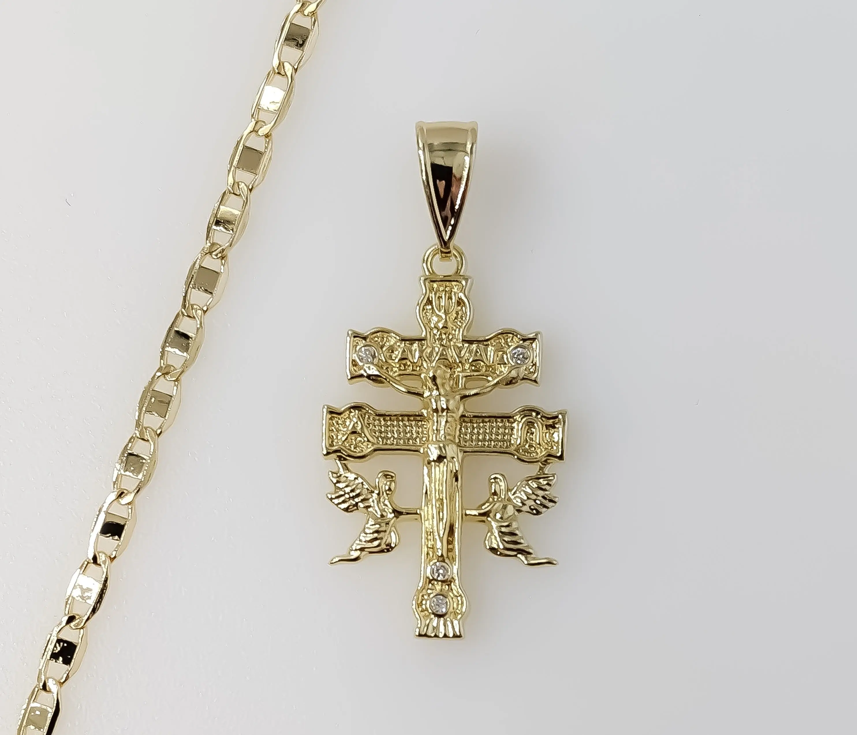 Plated Holy Cross of Caravaca 3mm Flat Mariner Anchor Chain Necklace