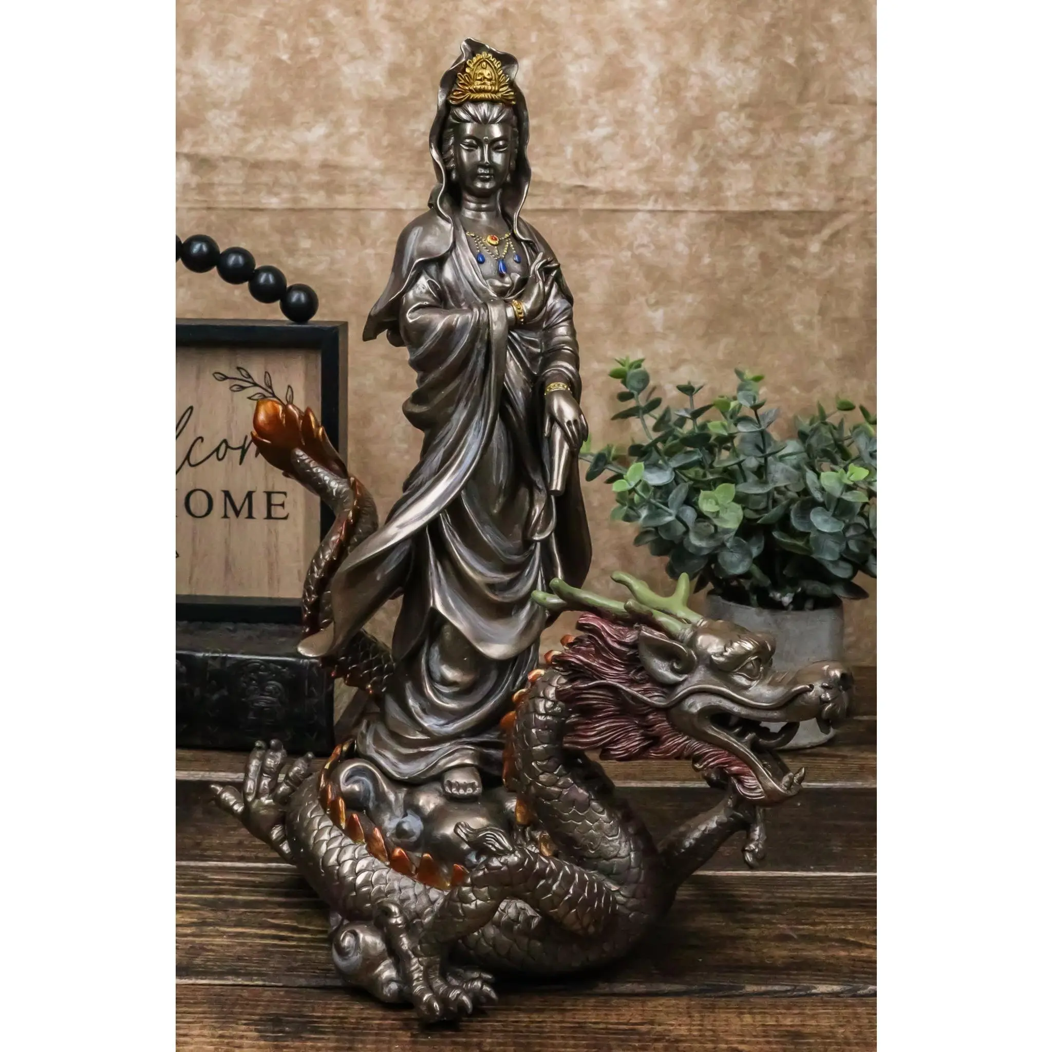 Ebros Large Avalokiteshvara Kwan Yin Riding On Chinese Dragon Statue, 12.5" Tall Buddhism Religious Decor Ornament for Home Decor