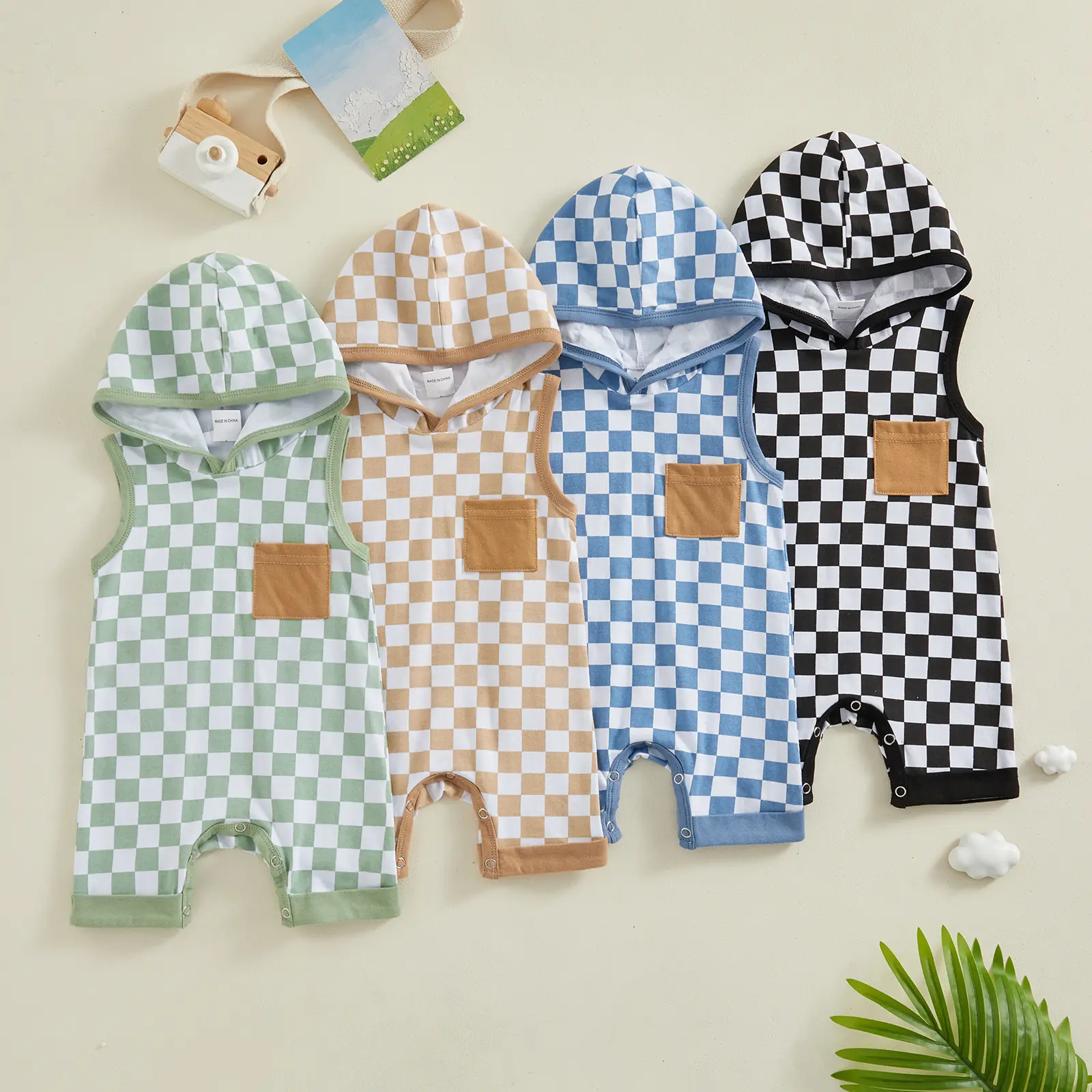 Baby Boy Romper Sleeveless Checkerboard Hooded Jumpsuit Newborn Tank Tops Infant Outfit Summer Clothes
