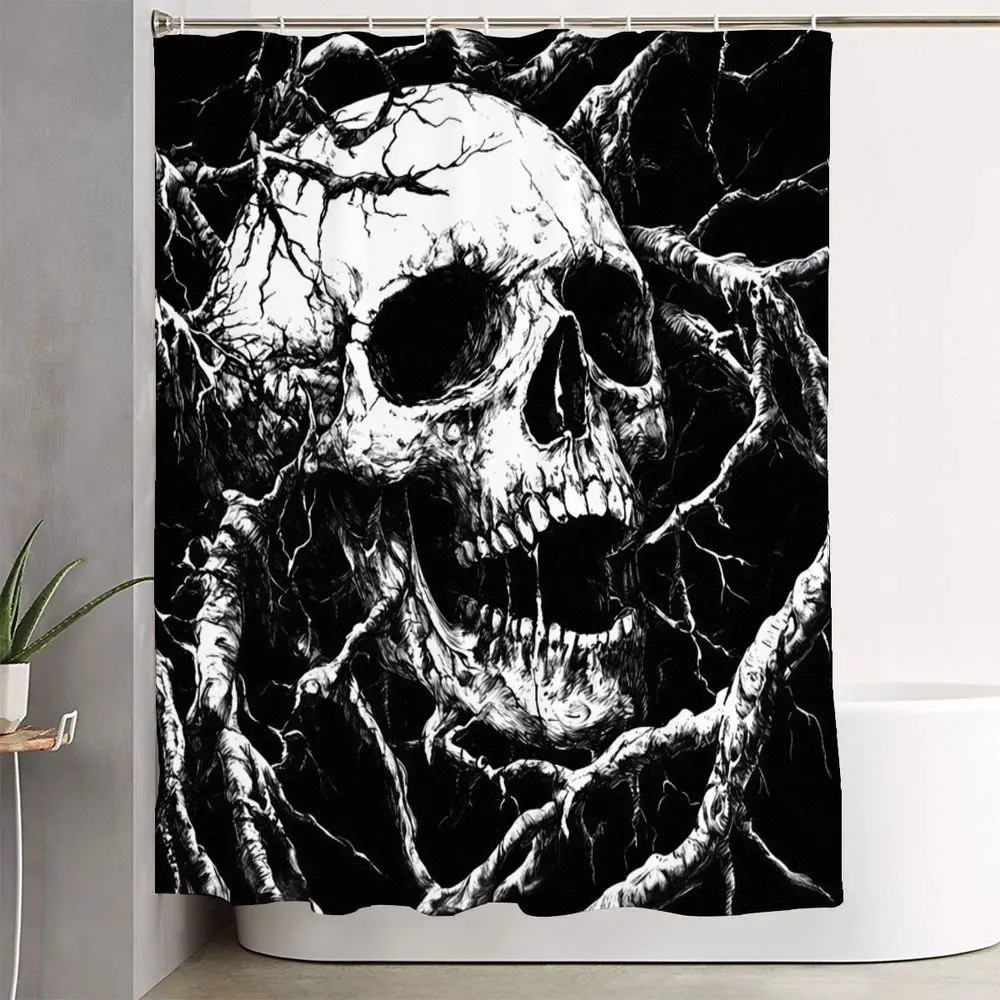1/4pcs Gothic Skull Bathroom Set - Macabre Shower Curtain with Snarling Skull & Twisted Roots, Matching Toilet Lid Cover, Contour Rugs & Bath Mat - Dark & Spooky Home Decor, Bathroom Decoration, Bathroom Decor And Accessories for Halloween