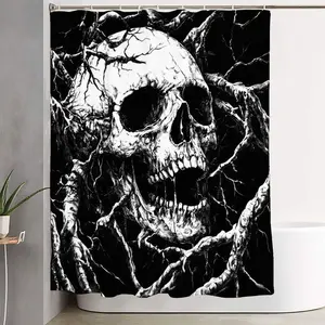 1/4pcs Gothic Skull Bathroom Set - Macabre Shower Curtain with Snarling Skull & Twisted Roots, Matching Toilet Lid Cover, Contour Rugs & Bath Mat - Home Decor, Bathroom Decoration Accessories for Halloween and Horror Lovers
