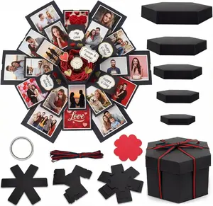 Explosion Gift Box DIY Custom Scrapbook Photo Album Surprise Box for Birthday Anniversary Wedding Holiday Graduation Black Paper Exploding Memory Keepsake Box with Inner Gift Case