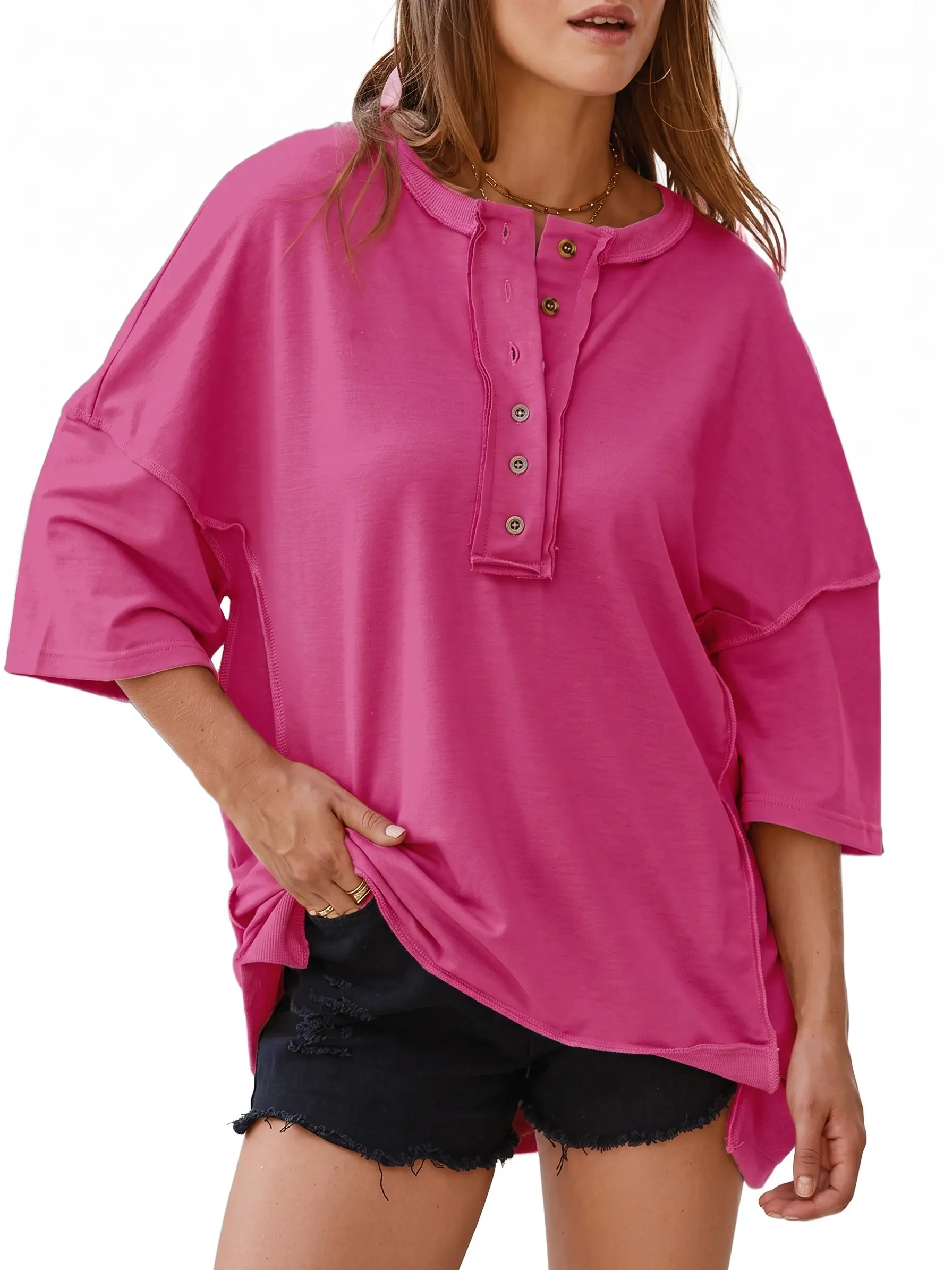 Shewin Summer Outfit Women's Henley Button Shirts - Oversized Short Sleeve Ribbed Chic Fabric Cotton Blend Casual Daily Wear for Jeans Pairing DealsForYouDays