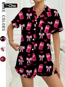 Women's Comfortable Cute Elastic Sleepwear Set, Spring Bow Tie Shirt and Pants Two-Piece, Short Sleeve Shorts, Party Wear