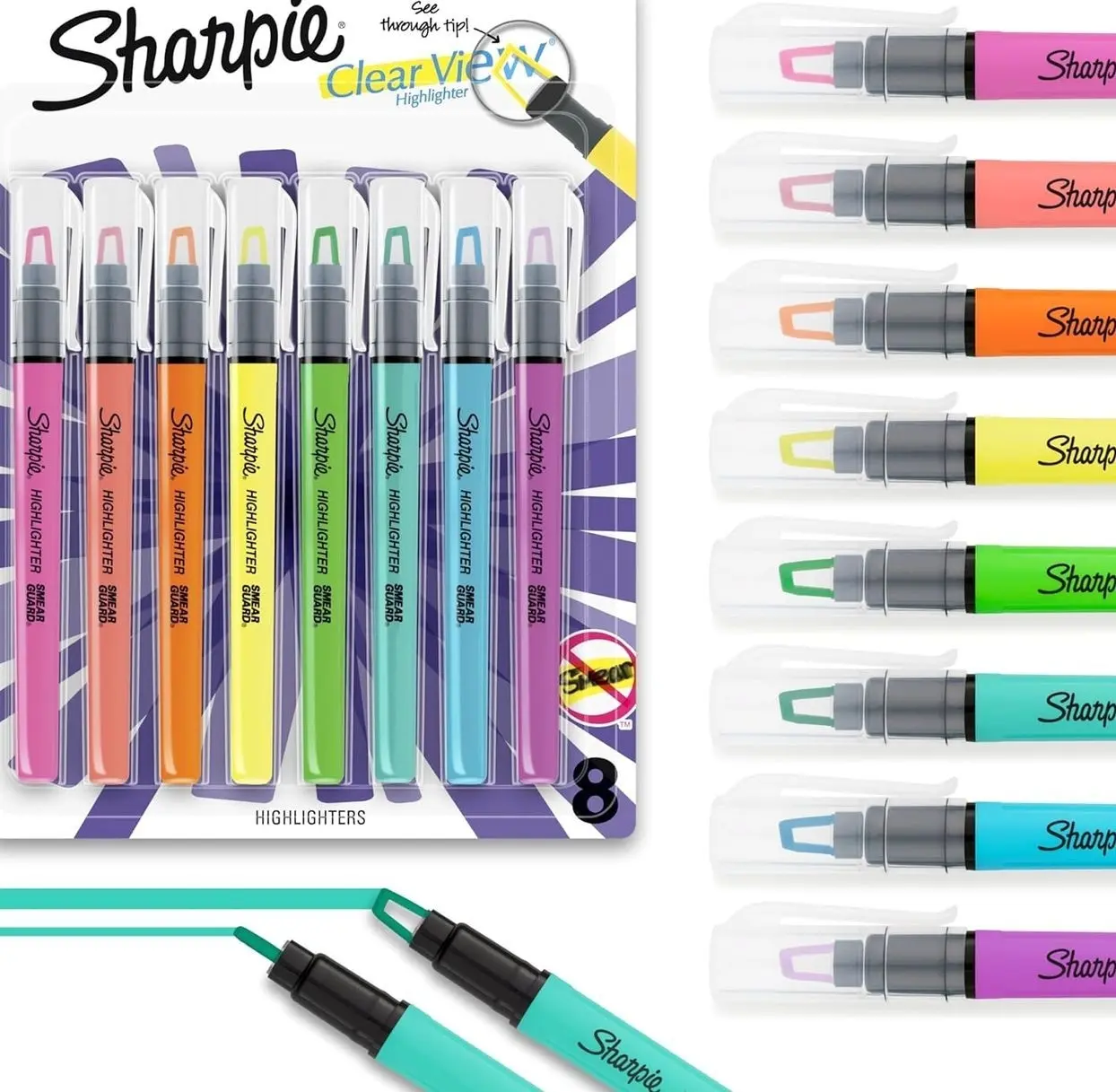 Sharpie Clear View Highlighter Sticks, Chisel Tip Highlighter Market Set, Essential School & Teacher Supplies, Smear Resistant, Assorted Color Highlighters, 8-Pack