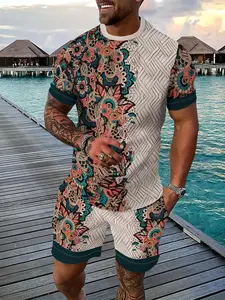 Men's Ethnic Style Patchwork Tropical Print Set, Summer Casual Fitted Breathable Short Sleeve Shorts Two-Piece Suit, Vacation Beachwear, All Seasons Wear