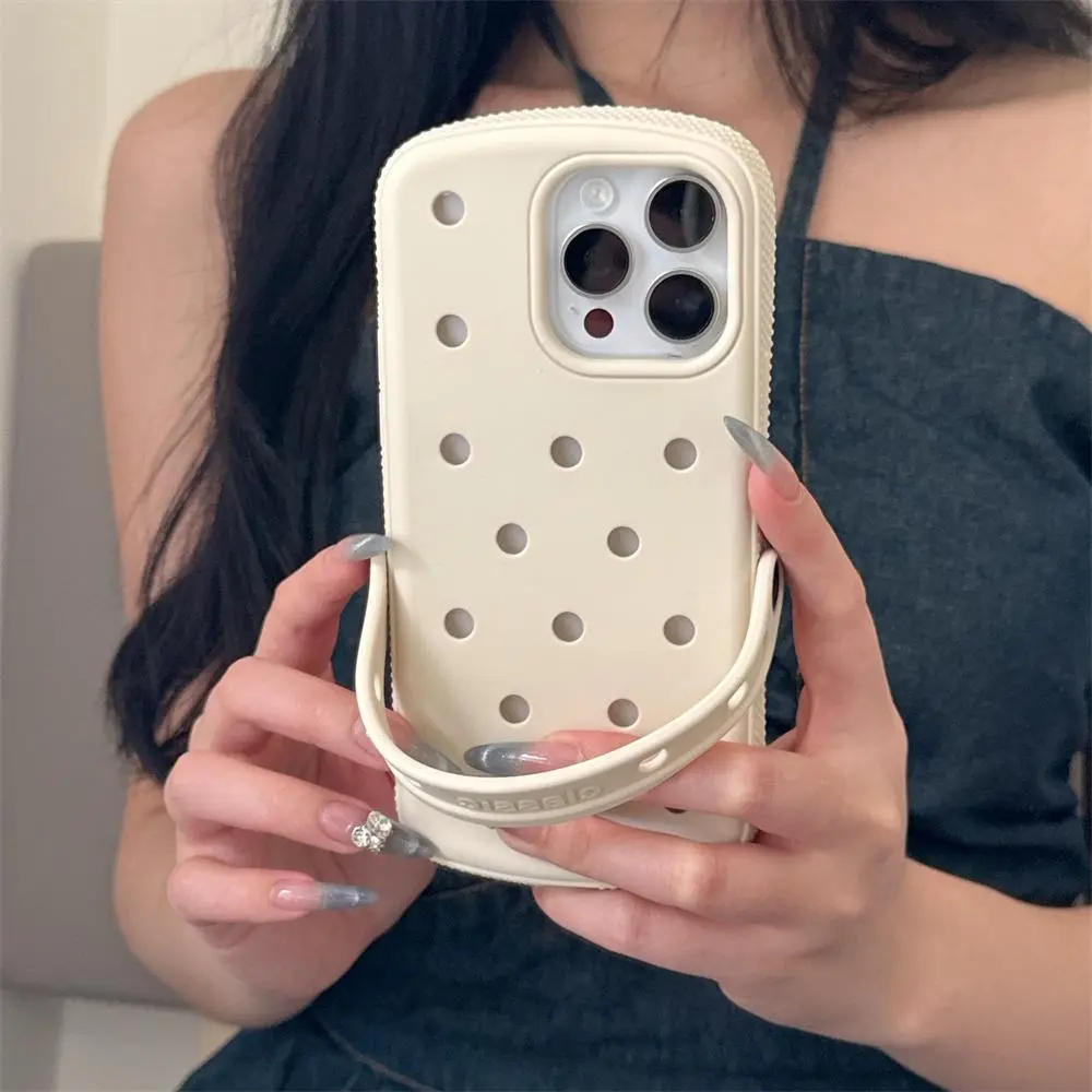 Silicone Smartphone Casing with Wrist Strap Holder & Crocs Charms DIY Compatibility, Solid Color Matte Cover for iPhone 11-17, Pro, Max, Plus Handheld Cellphone Devices, Accessories