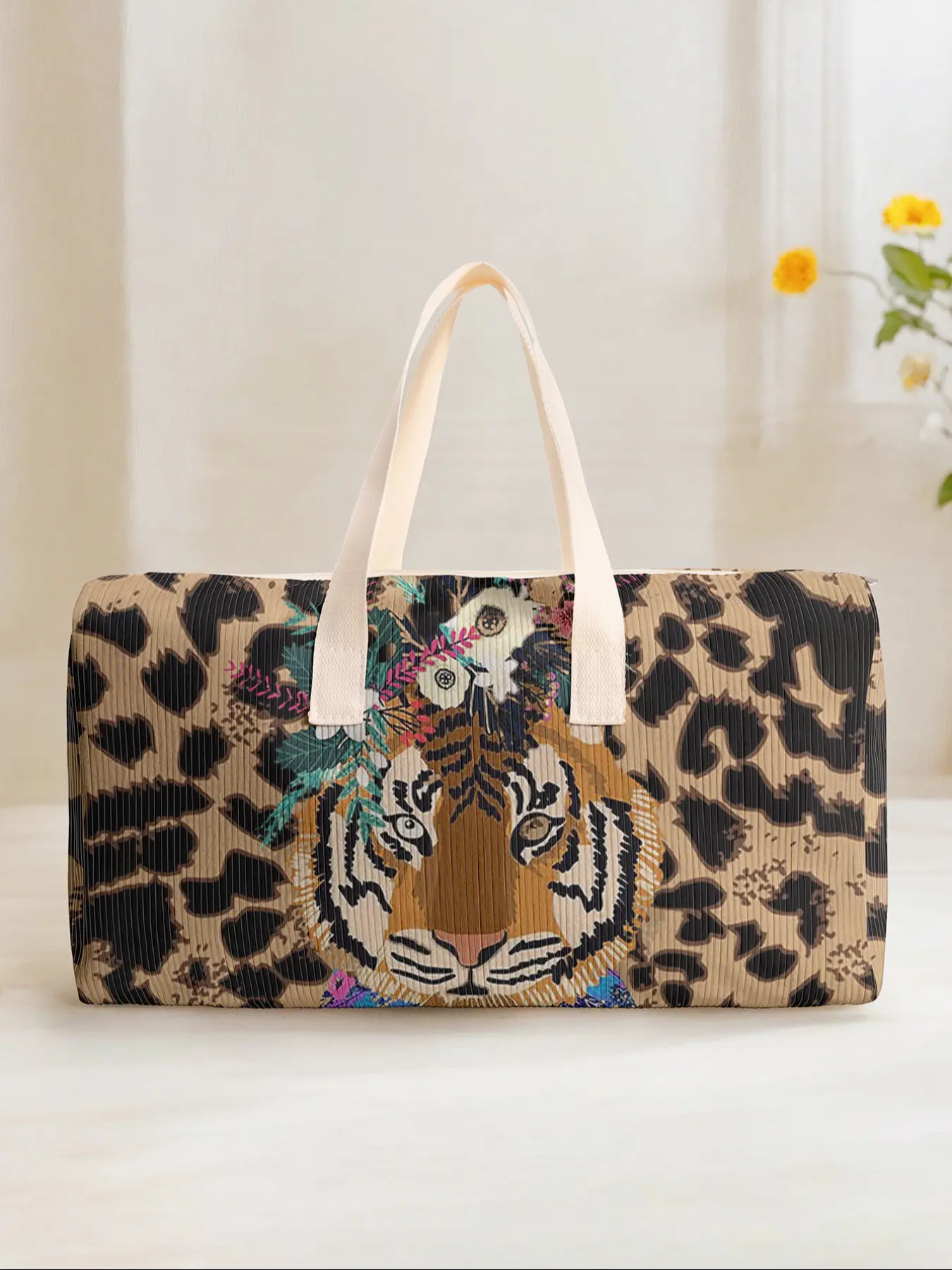 Large Capacity Corduroy Travel Duffel Bag, Tiger Print Weekender Luggage, Casual Yoga Fitness Handbag for Short Trips & Daily Commute, Travel Bags