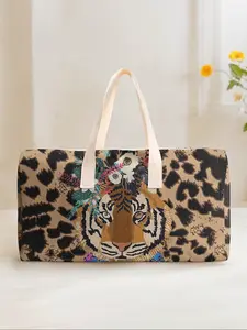 Large Capacity Corduroy Travel Duffel Bag, Tiger Print Weekender Luggage, Casual Yoga Fitness Handbag for Short Trips & Daily Commute