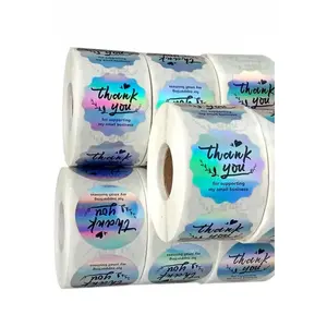 Thank You Stickers Holographic Silver 1.5 inch 500 Stickers Per Roll Wavy Shaped Shipping Supplies