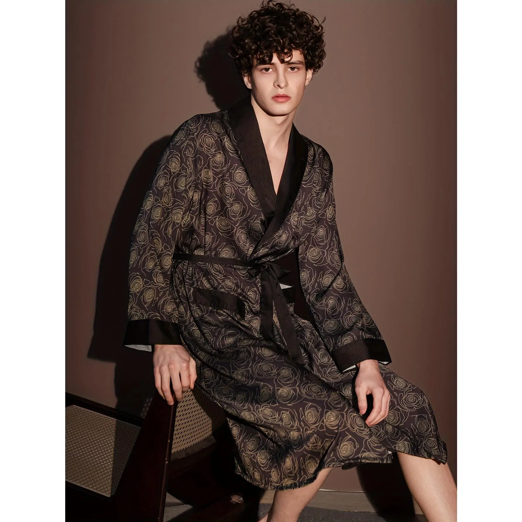 Men'S Plus Size Loose Fit Robe with Floral Pattern - Long Sleeve, Shawl Collar, Belted, Pocket, Lightweight for Spring & Fall, Comfortable Home Wear, Relaxed Fit Robe | Floral Print Robe | Belted Robe, Plus Size Robe