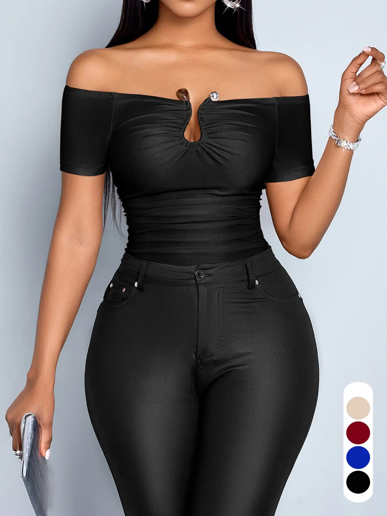 Elegant Summer Women's Casual Plain Slim-Fitting Short Sleeve Top Shirts, Blouse, Metal Decoration Shoulder Cut-Out Backless High-Waisted Ruched Design, Womenswear, Metallic, Lady, Casual Elegant Classy