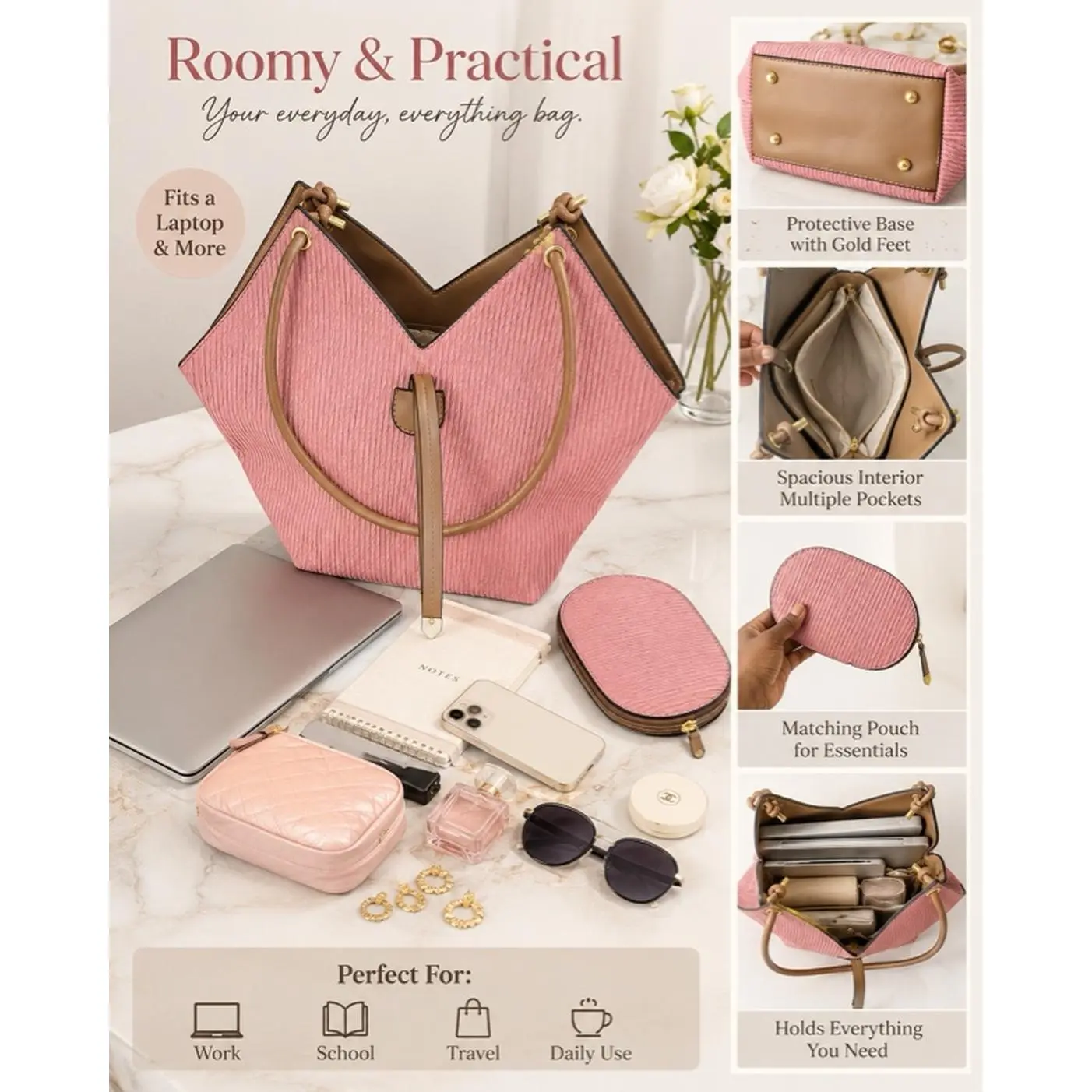 Roomy & Practical Bag with Protective Base Gold Feet Spacious Interior Multiple Pockets Matching Pouch for Essentials Perfect for Work School Travel Daily Use