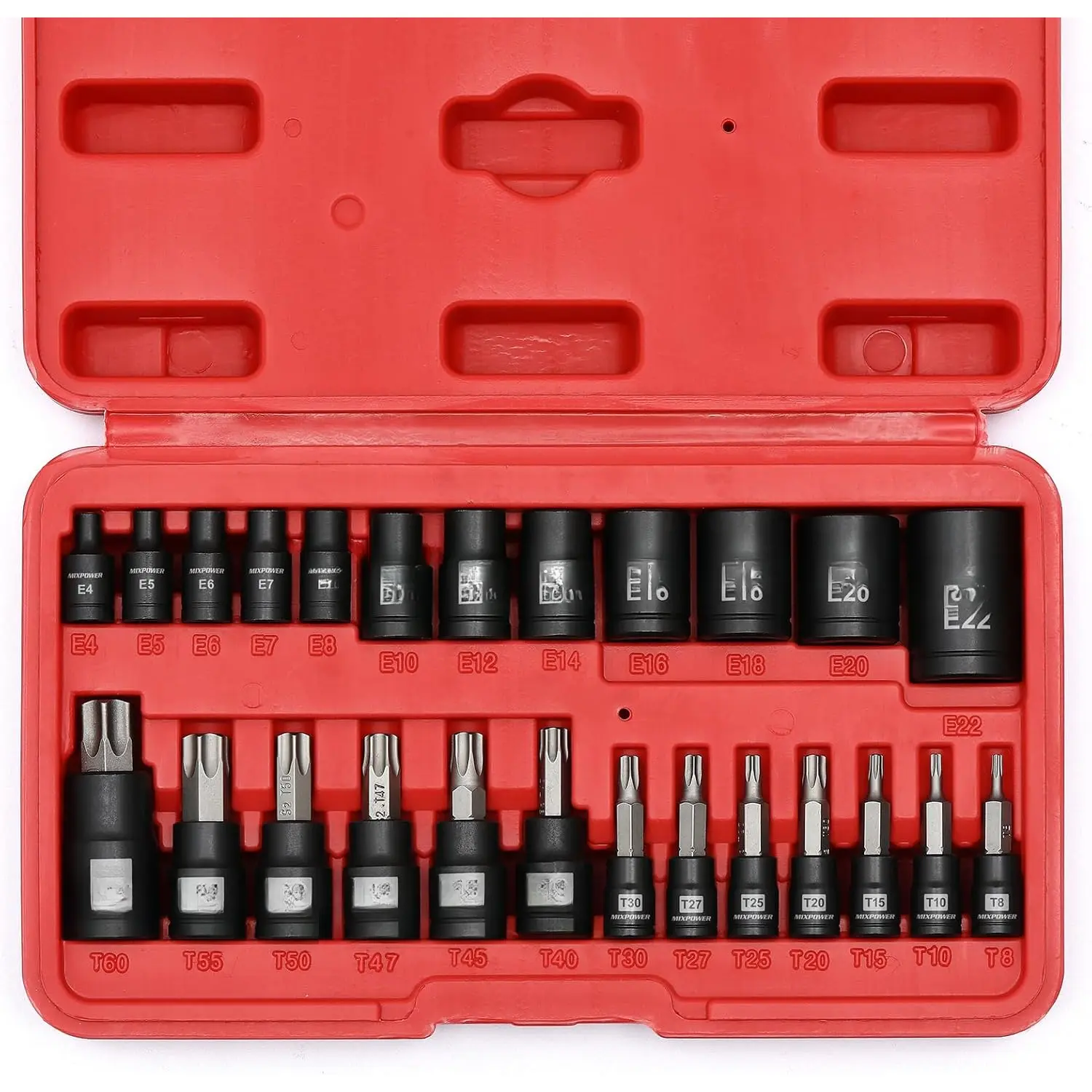 25 count Torx Bit and Socket Set, 13 Star Bits (T8- T60) & 12 E-Torx Sockets (E4-E22), Professional Grade Auto &  Mechanic Set