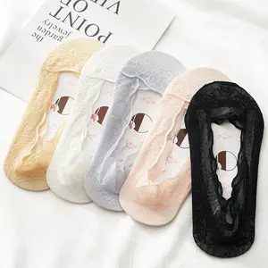 Women's 5-Pair Basic Solid Cotton Lace Seamless Ultra-Thin Low-Cut Invisible Socks - Athletic Liners with 360° Silicone Non-Slip Polka Dots, Breathable Cotton Sole, Compression Short Socks for Everyday Outfits, Heels