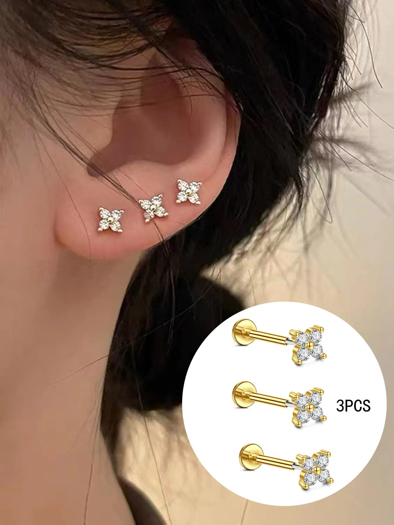 3pcs Flower Cartilage Earrings Studs, Cartilage Earring Set, Floral Stud Earrings, Hypoallergenic Stainless Steel , Threadless Push-in Design, Available in Sizes 20G, 18G, 16G, Perfect for Tragus, Helix, Nostril, Conch Piercings, Stud Earring Jewelry