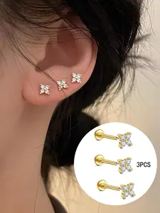 3pcs Flower Cartilage Earrings Studs, Hypoallergenic Stainless Steel , Threadless Push-in Design, Available in Sizes 20G, 18G, 16G, Perfect for Tragus, Helix, Nostril, Conch Piercings