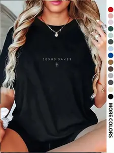 Women's Cross & Letter Print Round Neck Tee, Vintage Trendy Casual Streetwear Short Sleeve Knit T-shirt for Daily Wear, Ladies All Seasons Outfit, Womenswear