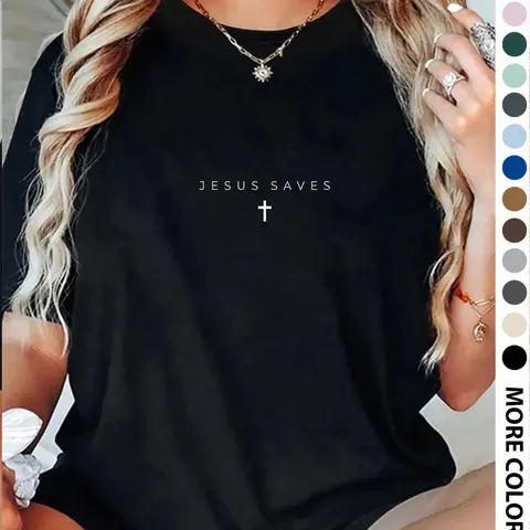 Women's Cross & Letter Print Round Neck Tee, Vintage Trendy Casual Streetwear Vibe Short Sleeve Knit T-shirt for Daily Wear, Ladies All Seasons Outfit, Womenswear
