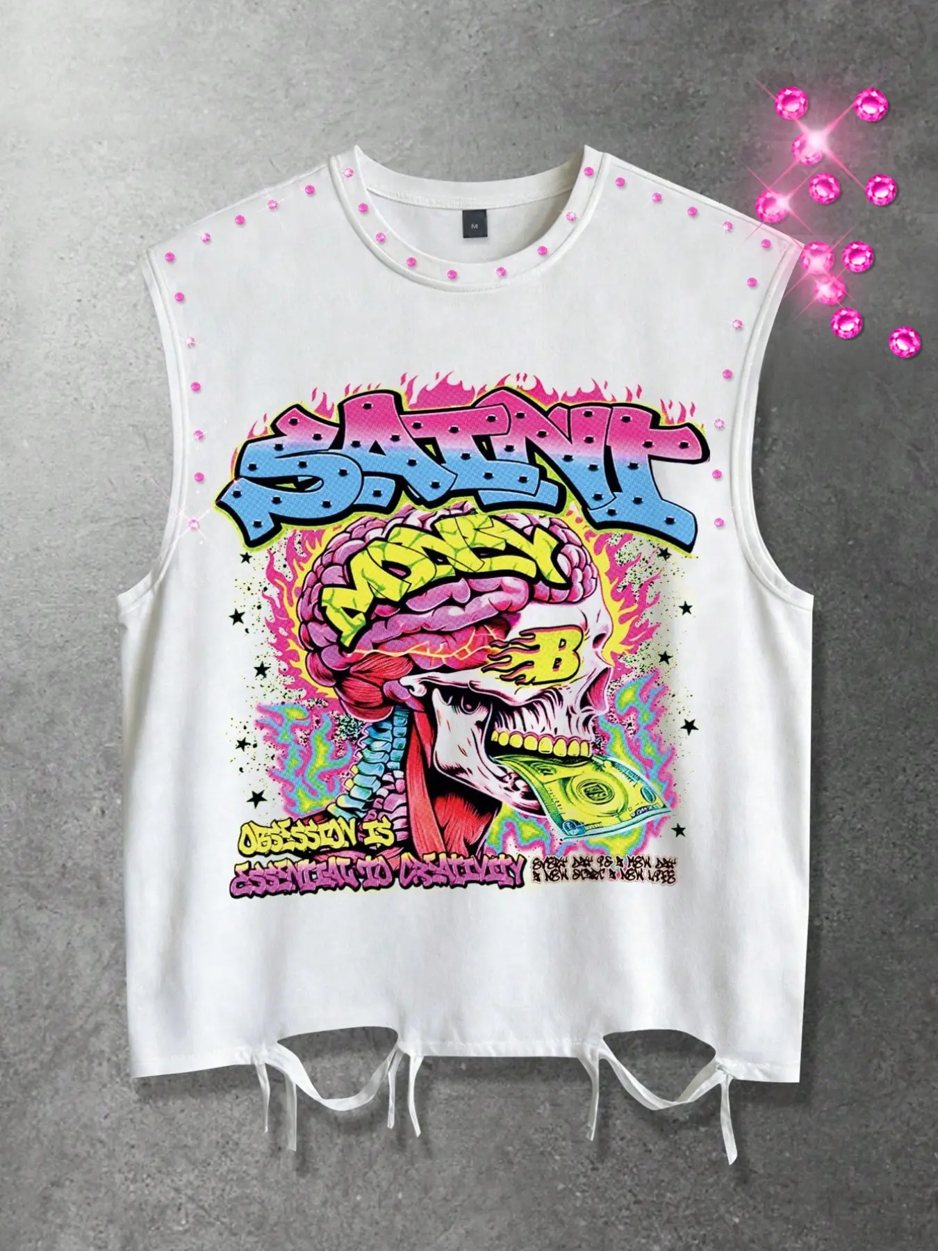 Human brain printed vest, Streetwear, punk pink rhinestone vest, unisex sleeveless Fitted T-shirt graffiti vest, 2026 summer cut hole geometric casual vest, street fashion brand T-shirt, street fashion hip-hop Y2K, Vest Tank Top
