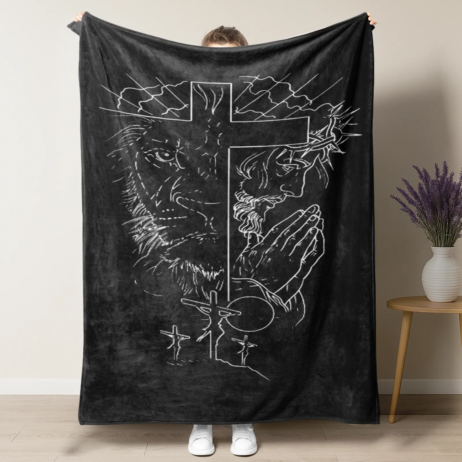 Summervibes "Jesus & The Lion" Christian Throw Blanket, Line Art Cross & Calvary Design, Cozy Blanket for Faithful Worship & Gifts
