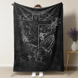Summervibes "Jesus & The Lion" Christian Throw Blanket, Line Art Cross & Calvary Design, Cozy Blanket for Faithful Worship & Gifts