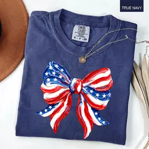 Comfort Colors American Flag Bow Graphic Printed T-Shirt, Cute Patriotic Coquette Bow Tee, USA Independence Day Soft Cotton Shirt for Women