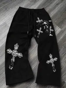 Men's Long Pants, God Crying Cross Print Street Style, Casual Outdoor Party Fashion, Vintage Versatile Youth Holiday Campus Comfortable Spring Fall