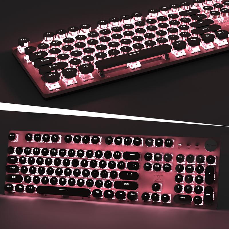 XINMENG Wired Pink Typewriter Keyboard and Mouse Combo,Retro Vintage Mechanical Gaming Keyboard with White LED Backlit,104 Keys Anti-Ghosting Blue Switch Cute Keyboard,Round Keycaps,4 Color Backlit Mouse,Pink Mousepad for Desktop PC/Laptop Mac