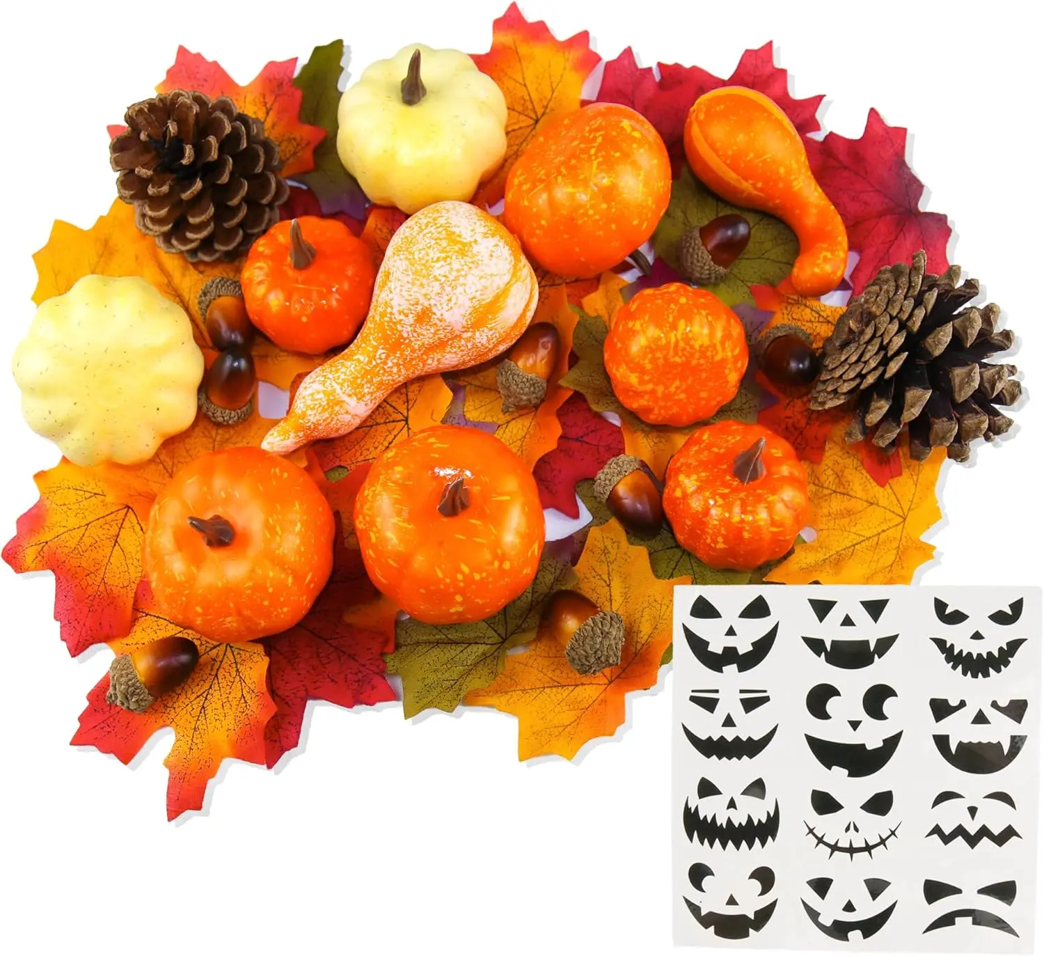 Lightweight Decorative Plastic Mini Pumpkins Set (50 Count) with Leaves, Acorns, Pinecones, Gourds - Farmhouse Fall Ornaments for Halloween, Thanksgiving Harvest Centerpiece & Table Decor
